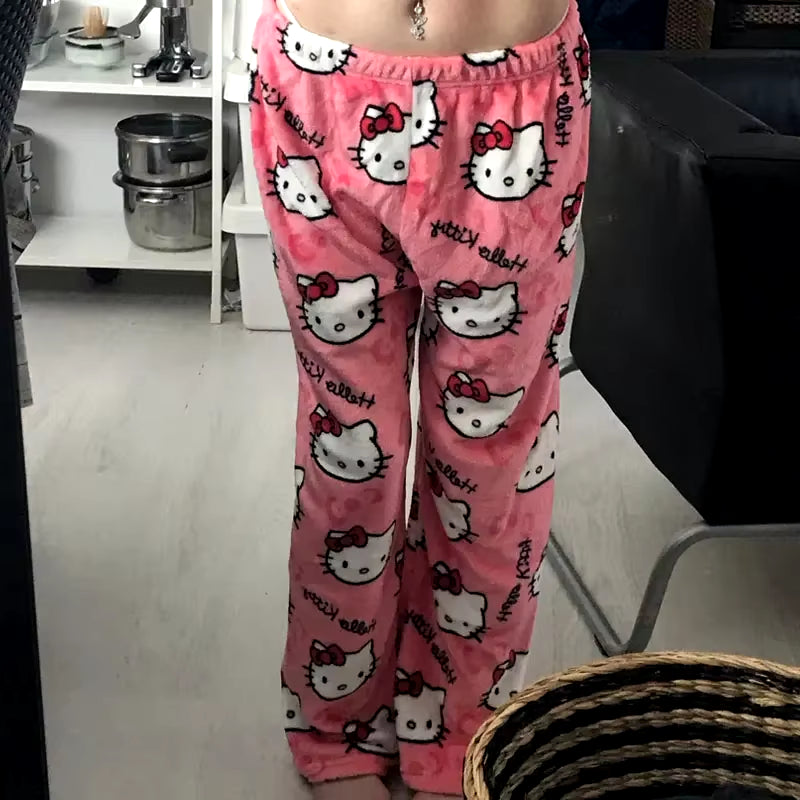 Cozy Up in Style with Y2K Hello Kitty Pajama Pants - Sanrio Anime Sleepwear for Couples and Home Leisure