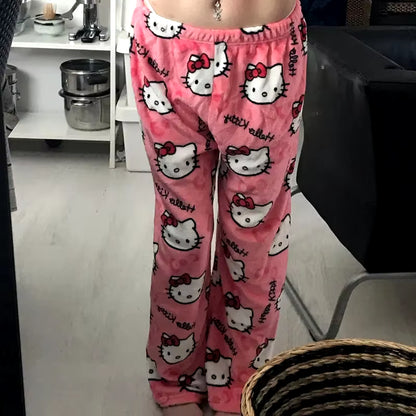 Cozy Up in Style with Y2K Hello Kitty Pajama Pants - Sanrio Anime Sleepwear for Couples and Home Leisure