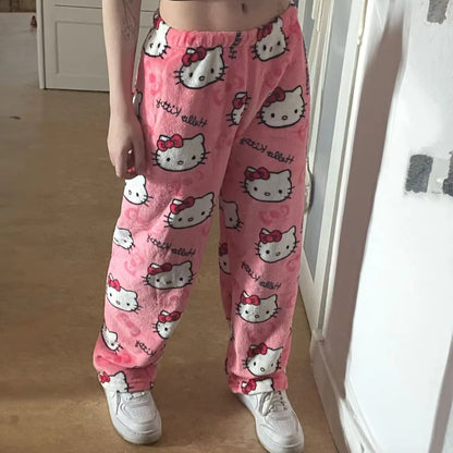 Cozy Up in Style with Y2K Hello Kitty Pajama Pants - Sanrio Anime Sleepwear for Couples and Home Leisure